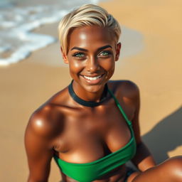 A beautiful 26-year-old woman with short blonde hair, wearing a black collar and a green bikini, sitting on a beach with dark brown skin and striking green eyes