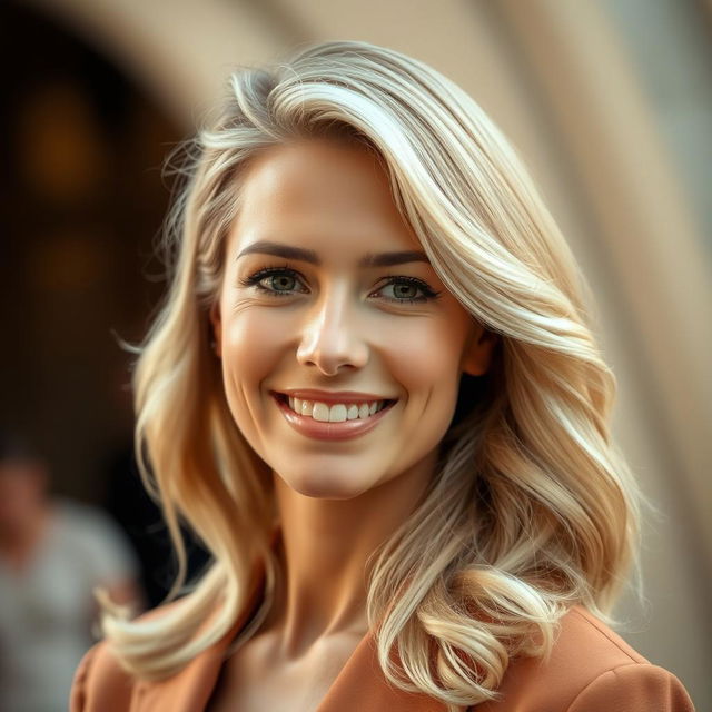 A 36-year-old woman with Italian features and light blonde hair, captured in a half-length photograph