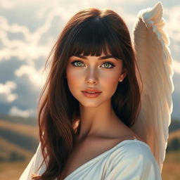 An angelic brunette woman standing gracefully, with beautiful, deep green eyes and stylish bangs framing her face