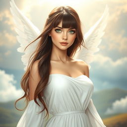 An angelic brunette woman standing gracefully, with beautiful, deep green eyes and stylish bangs framing her face