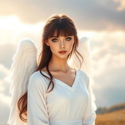 An angelic brunette woman standing gracefully, with beautiful, deep green eyes and stylish bangs framing her face