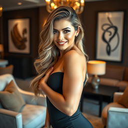 A stunning, glamorous model posing confidently in a stylish, form-fitting outfit that emphasizes her curves, beautifully styled hair glowing under warm soft lighting
