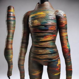 A fascinating human form entirely constructed of interwoven belts, showcasing an array of sizes, colors, and textures