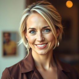 A 36-year-old woman with Italian features and light blonde hair, captured in a half-length photograph