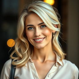 A 36-year-old woman with Italian features and light blonde hair, captured in a half-length photograph