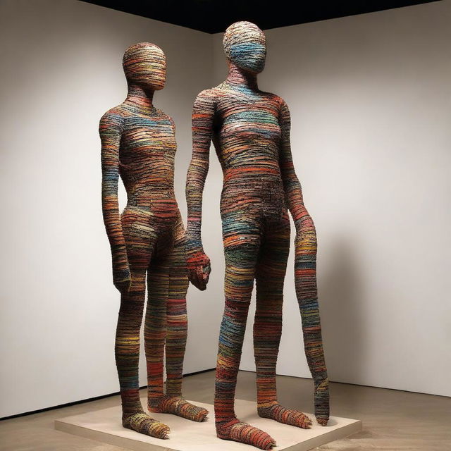 A fascinating human form entirely constructed of interwoven belts, showcasing an array of sizes, colors, and textures