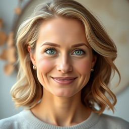 A portrait of a woman aged 30 to 35 years, exuding a natural and confident demeanor
