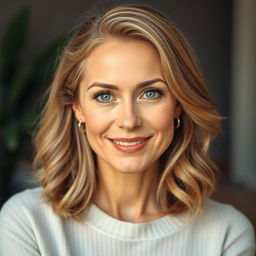 A portrait of a woman aged 30 to 35 years, exuding a natural and confident demeanor