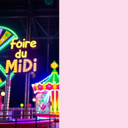 A vibrant amusement park scene with colorful lights illuminating the toys like a Ferris wheel and a carousel