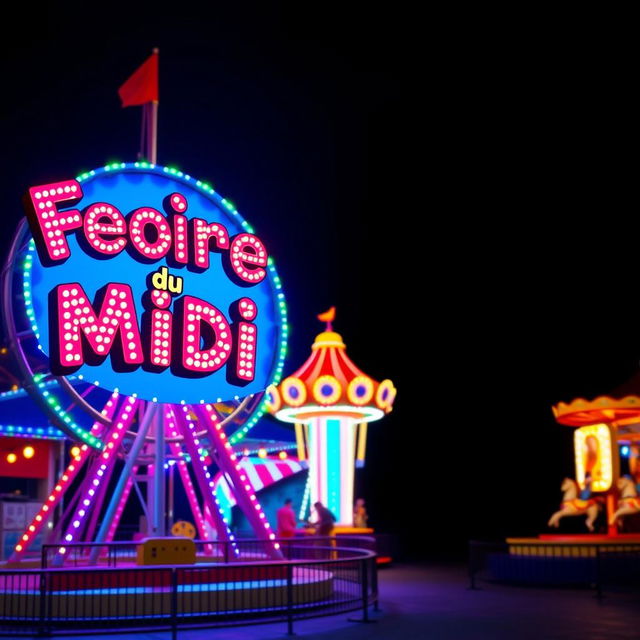 A vibrant amusement park scene with colorful lights illuminating the toys like a Ferris wheel and a carousel