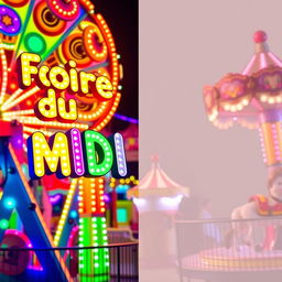 A vibrant amusement park scene with colorful lights illuminating the toys like a Ferris wheel and a carousel