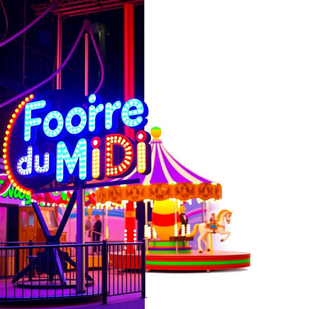 A vibrant amusement park scene with colorful lights illuminating the toys like a Ferris wheel and a carousel