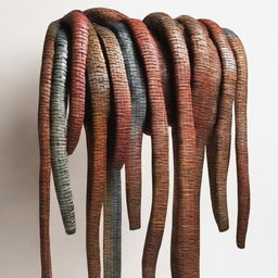 A fascinating human form entirely constructed of interwoven belts, showcasing an array of sizes, colors, and textures