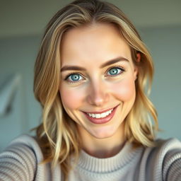 A portrait of a natural and confident woman aged 30-35 with symmetrical facial features, fair skin, and defined cheekbones