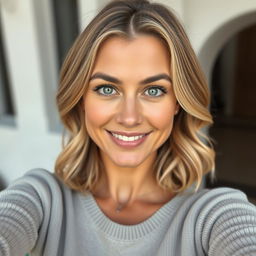 A portrait of a natural and confident woman aged 30-35 with symmetrical facial features, fair skin, and defined cheekbones
