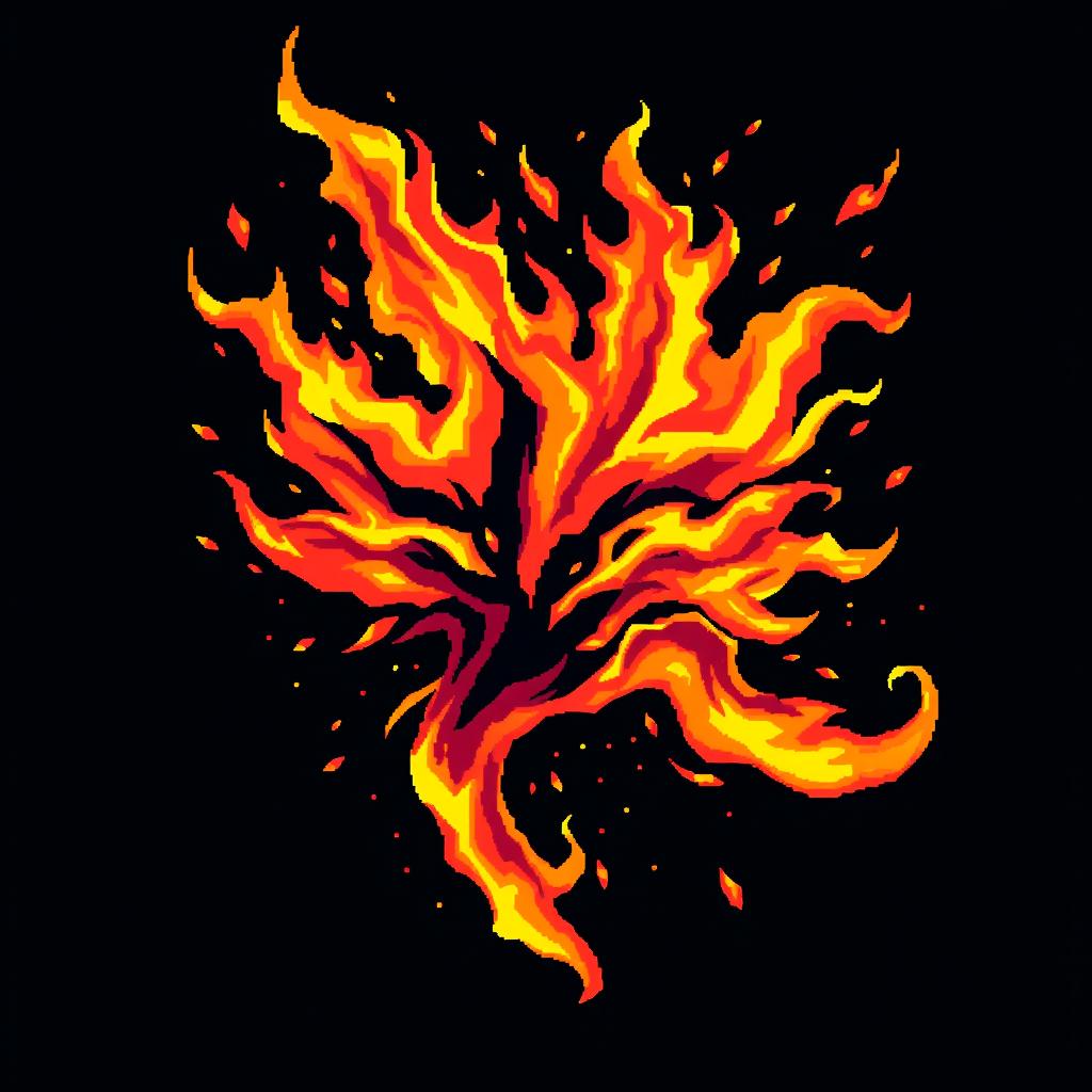 A stunning display of vibrant pixel art flames, radiating energy and dynamic movement