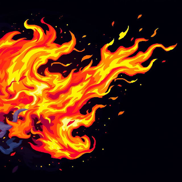 A stunning display of vibrant pixel art flames, radiating energy and dynamic movement