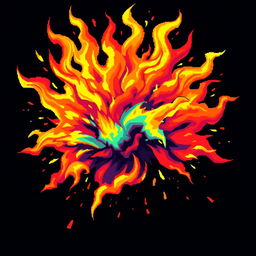 A stunning display of vibrant pixel art flames, radiating energy and dynamic movement