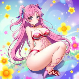 A voluptuous anime girl with a curvy figure, wearing a stylish and revealing outfit