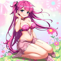 A voluptuous anime girl with a curvy figure, wearing a stylish and revealing outfit