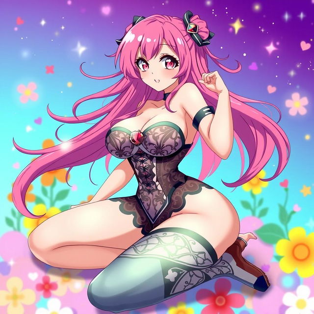 A voluptuous anime girl with a curvy figure, wearing a stylish and revealing outfit