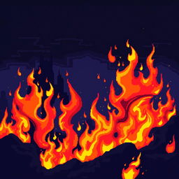 A dynamic and colorful pixel art scene showcasing vibrant, stylized flames in the foreground