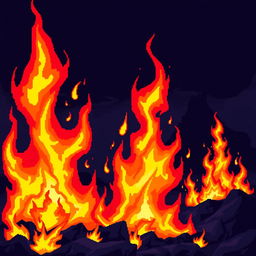 A dynamic and colorful pixel art scene showcasing vibrant, stylized flames in the foreground