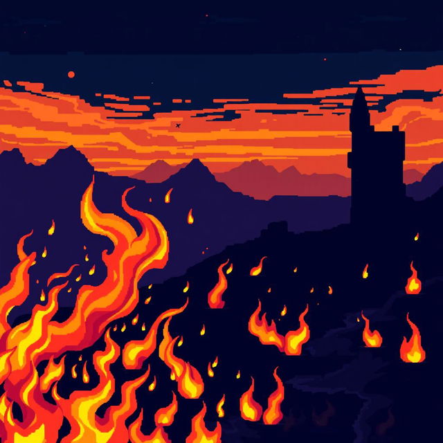 A dynamic and colorful pixel art scene showcasing vibrant, stylized flames in the foreground