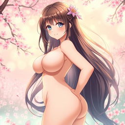 A stunning anime girl with long flowing hair, showcasing her voluptuous figure