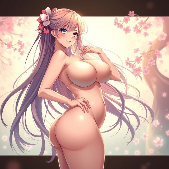 A stunning anime girl with long flowing hair, showcasing her voluptuous figure