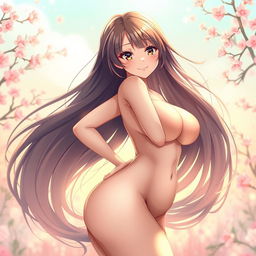 A stunning anime girl with long flowing hair, showcasing her voluptuous figure