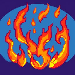 A vivid and colorful pixel art representation of flames, showcasing a variety of warm hues such as red, orange, and yellow, with a stylized and geometric design