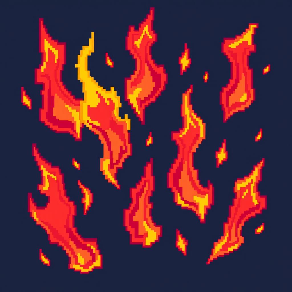 A vivid and colorful pixel art representation of flames, showcasing a variety of warm hues such as red, orange, and yellow, with a stylized and geometric design