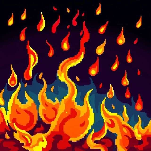 A vivid and colorful pixel art representation of flames, showcasing a variety of warm hues such as red, orange, and yellow, with a stylized and geometric design