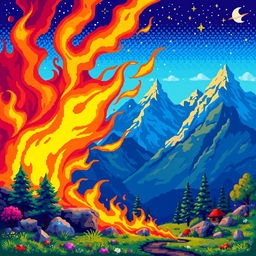 A vibrant pixel art scene featuring bright, dynamic flames in a retro 8-bit style