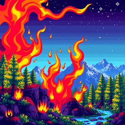 A vibrant pixel art scene featuring bright, dynamic flames in a retro 8-bit style