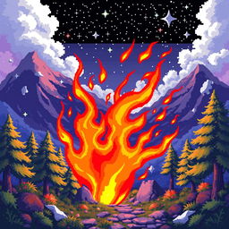 A vibrant pixel art scene featuring bright, dynamic flames in a retro 8-bit style