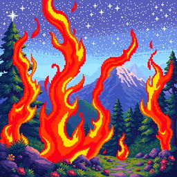 A vibrant pixel art scene featuring bright, dynamic flames in a retro 8-bit style