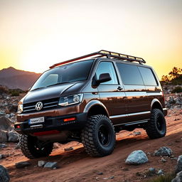 A rugged VW Transporter 4, designed for off-road adventures, cruising through a rocky landscape with boulders and dirt paths