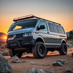 A rugged VW Transporter 4, designed for off-road adventures, cruising through a rocky landscape with boulders and dirt paths