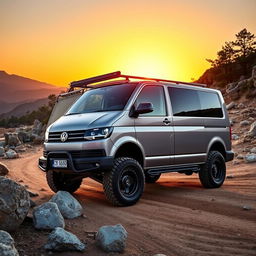A rugged VW Transporter 4, designed for off-road adventures, cruising through a rocky landscape with boulders and dirt paths