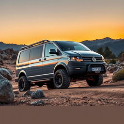 A rugged VW Transporter 4, designed for off-road adventures, cruising through a rocky landscape with boulders and dirt paths
