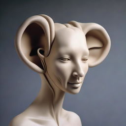 An unusual, captivating figure meticulously crafted from a multitude of ears, akin to a walking, living, auditory sensorium