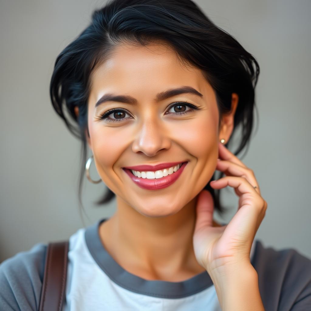 A beautiful Colombian woman, 45 years old, with dark hair, wearing simple yet stylish clothing, posing for a social media avatar