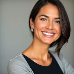 A beautiful Colombian woman, 45 years old, with dark hair, wearing simple yet stylish clothing, posing for a social media avatar