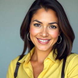 A beautiful Colombian woman, 45 years old, with dark hair, wearing simple yet stylish clothing, posing for a social media avatar
