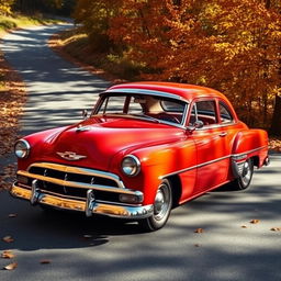 A classic Chevrolet Veraneio V8 from 1950, highlighted in a vibrant original color, showcasing its iconic design with rounded edges and a prominent grille