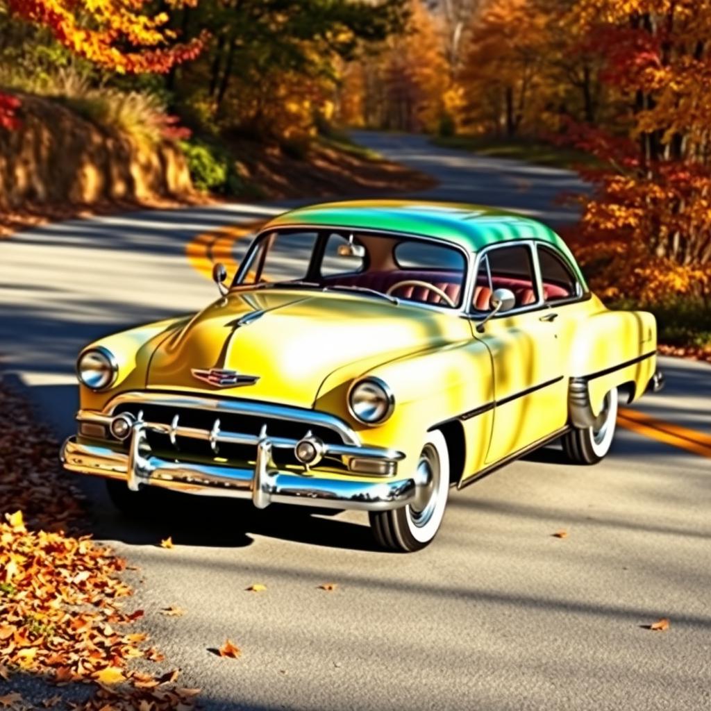 A classic Chevrolet Veraneio V8 from 1950, highlighted in a vibrant original color, showcasing its iconic design with rounded edges and a prominent grille