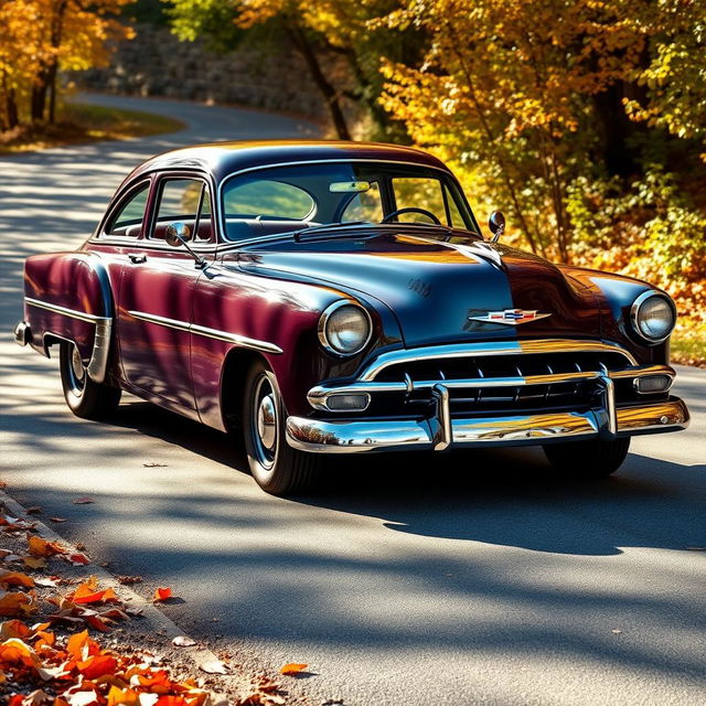 A classic Chevrolet Veraneio V8 from 1950, highlighted in a vibrant original color, showcasing its iconic design with rounded edges and a prominent grille