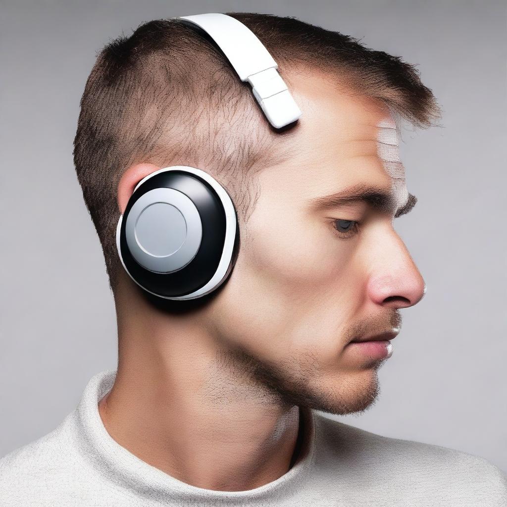 An everyday man with a twist—donned in what first appears to be conventional headphones